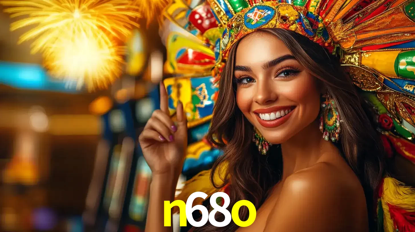Mulher sorridente com um cocar de carnaval vibrante e colorido, celebrando uma grande vitória nos jogos do cassino n68o com fogos de artifício ao fundo.