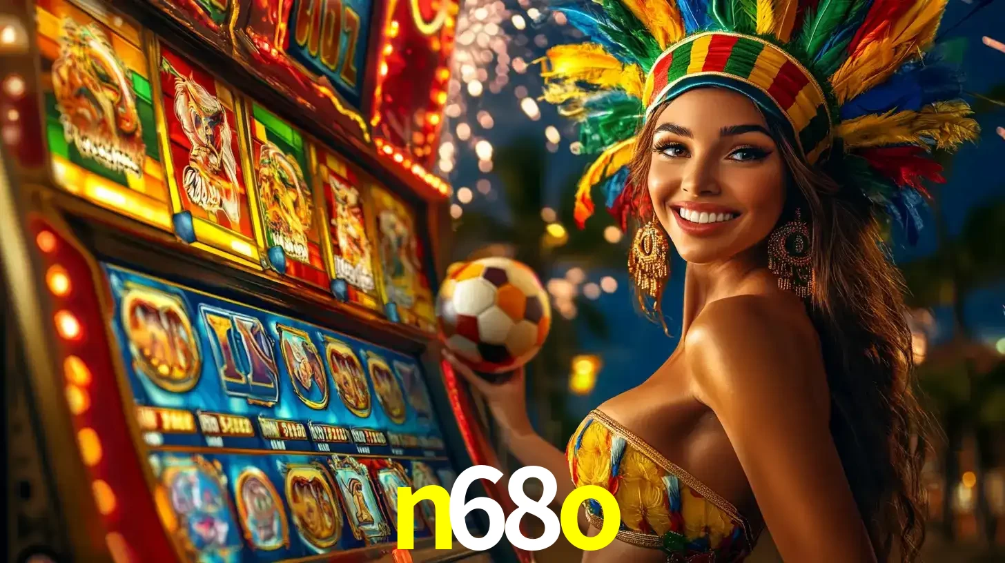 Mulher com um cocar de carnaval ao lado de uma máquina de caça-níqueis enquanto segura uma bola de futebol, mostrando a união da diversão de cassino e esportes no n68o.