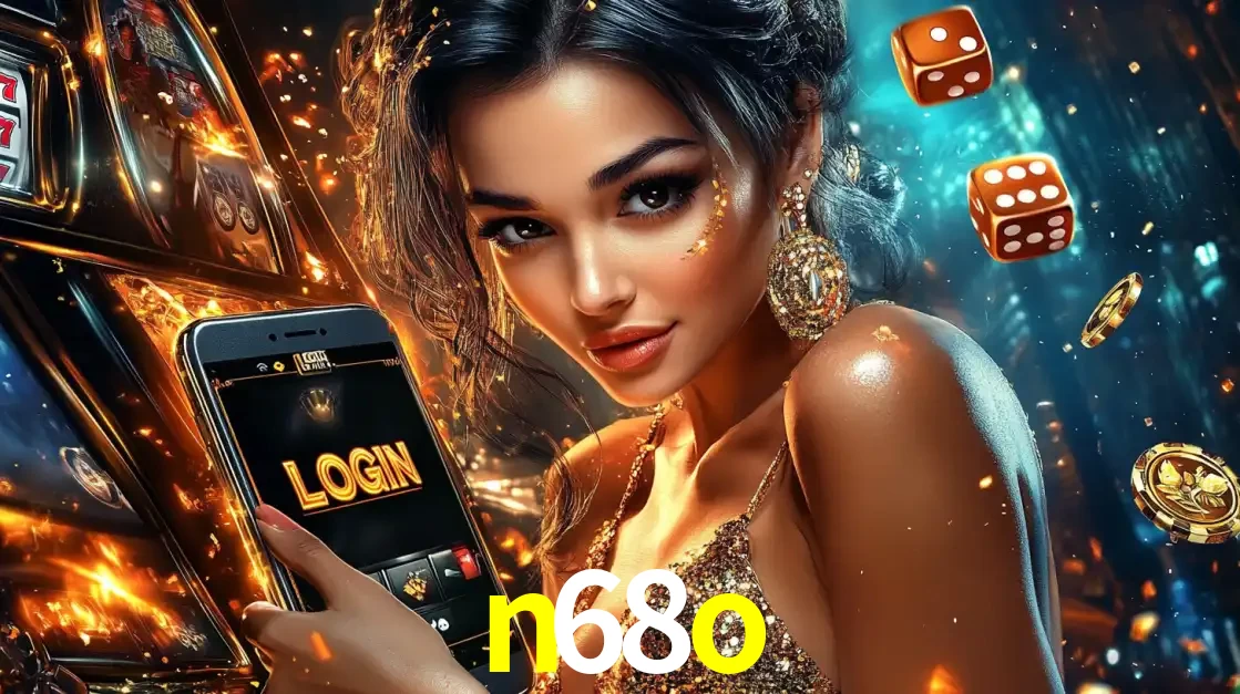Mulher glamourosa segurando um celular com a tela de login do cassino n68o, rodeada por dados e moedas douradas, pronta para começar a diversão.