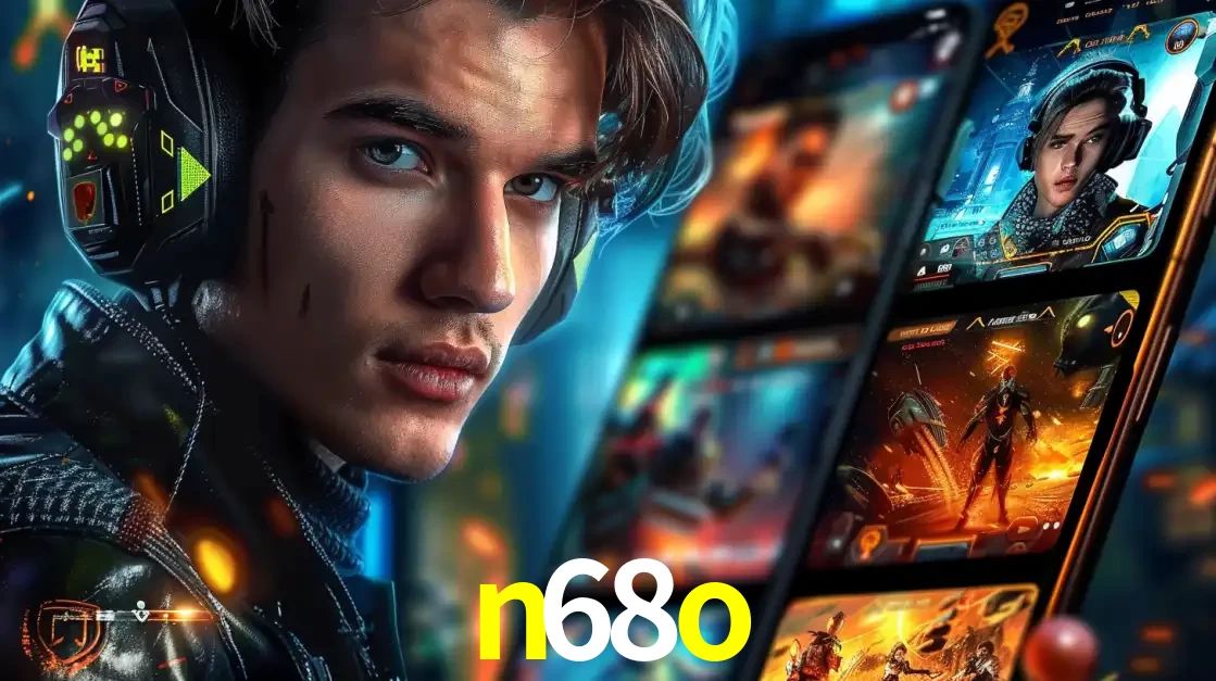 Jovem jogador com fones de ouvido olhando para a câmera, com um aplicativo de jogos e e-sports para celular ao fundo, pronto para a competição e apostas no n68o.