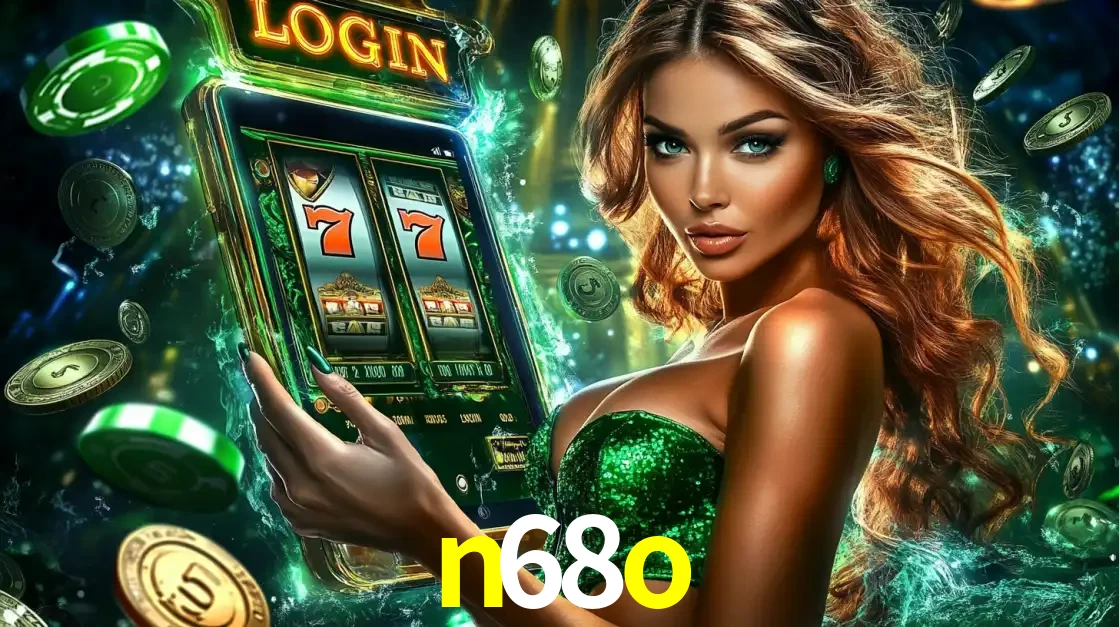 Mulher com tema verde apresentando o aplicativo do cassino n68o com um jogo de slot de 777, cercada por fichas de cassino e uma aura de sorte.