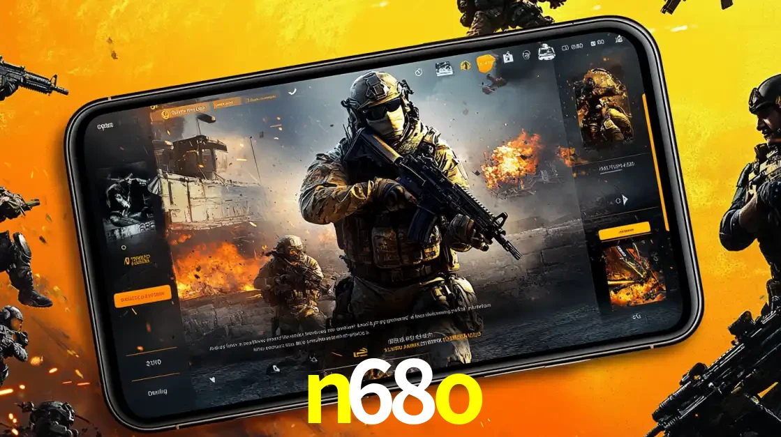 Um smartphone exibindo a interface de um jogo de tiro em primeira pessoa, com um soldado em um cenário de batalha, representando a ação dos e-sports para apostar no n68o.