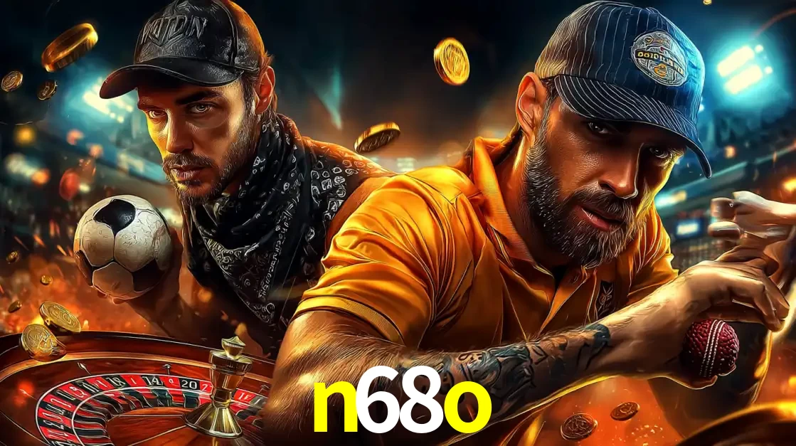 Montagem de apostas esportivas e cassino no n68o, com um homem segurando uma bola de futebol e outro uma de beisebol sobre uma roleta e moedas voadoras.