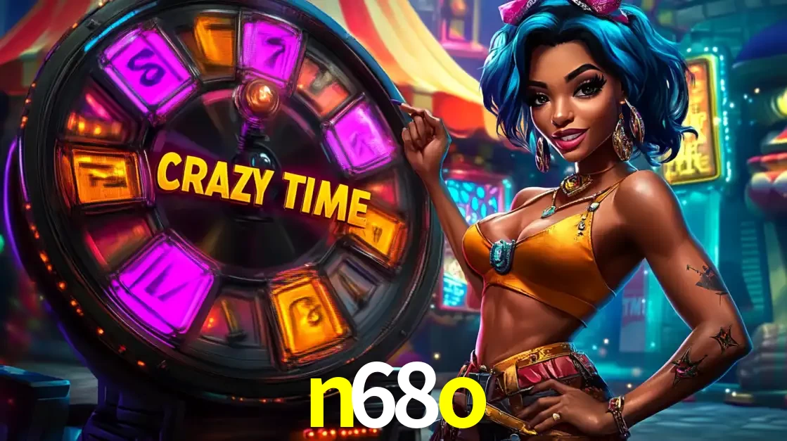 Mulher estilizada com cabelo azul e visual vibrante posando ao lado da roda de prêmios do game show Crazy Time, convidando para a diversão e os bônus do cassino n68o.