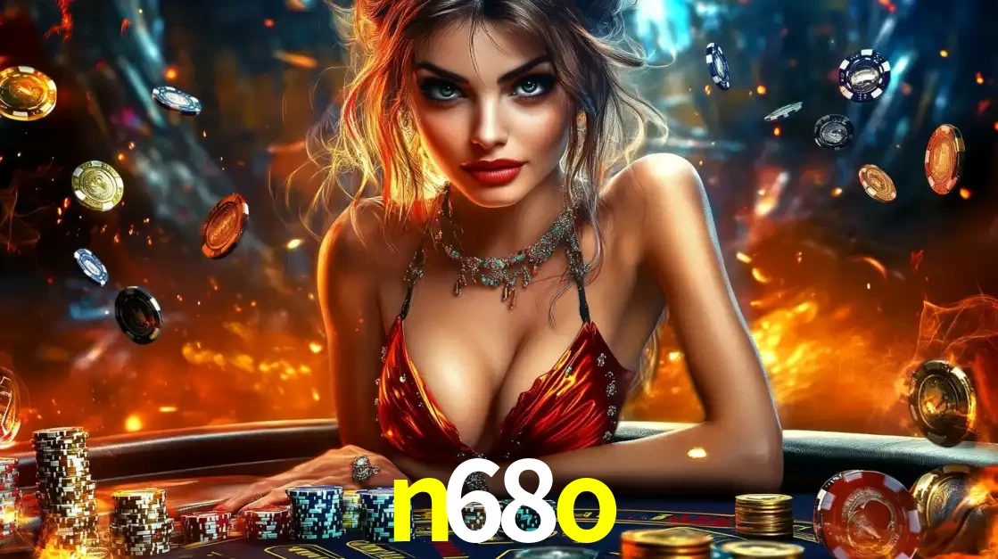 Mulher em uma mesa de cassino com pilhas de fichas e um fundo de fogo, pronta para uma rodada de altas apostas nos jogos de mesa emocionantes do cassino n68o.