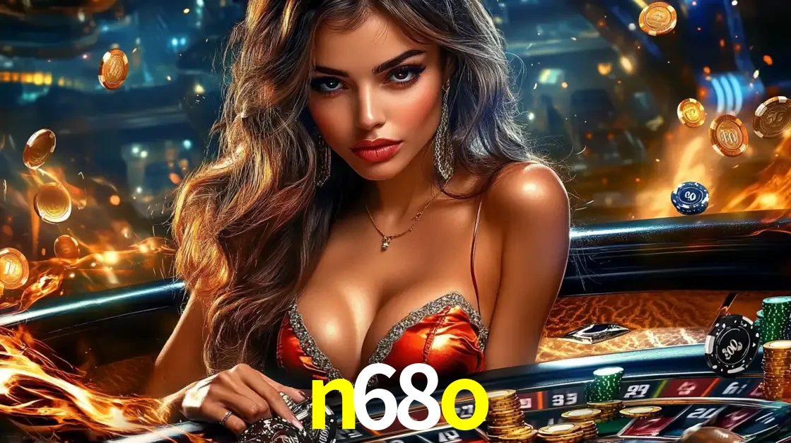 Mulher glamourosa em uma mesa de roleta com um fundo de chamas e moedas voadoras, pronta para fazer sua aposta e ganhar grandes prêmios no cassino ao vivo n68o.