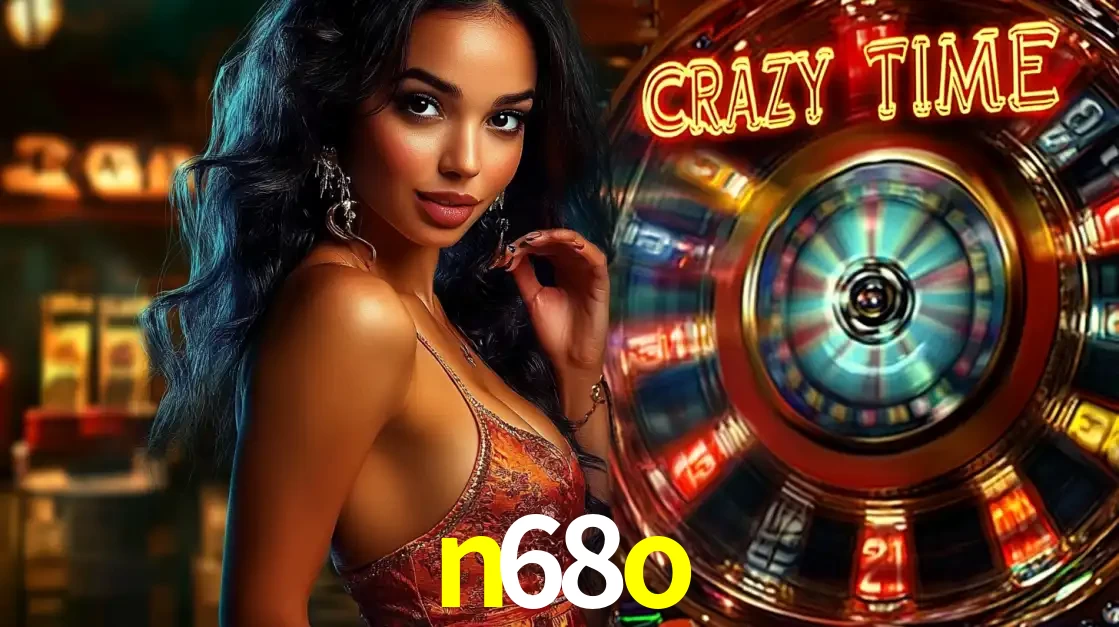 Mulher elegante ao lado da vibrante roda da fortuna do jogo de cassino ao vivo Crazy Time, um dos game shows mais populares e cheios de prêmios do n68o.