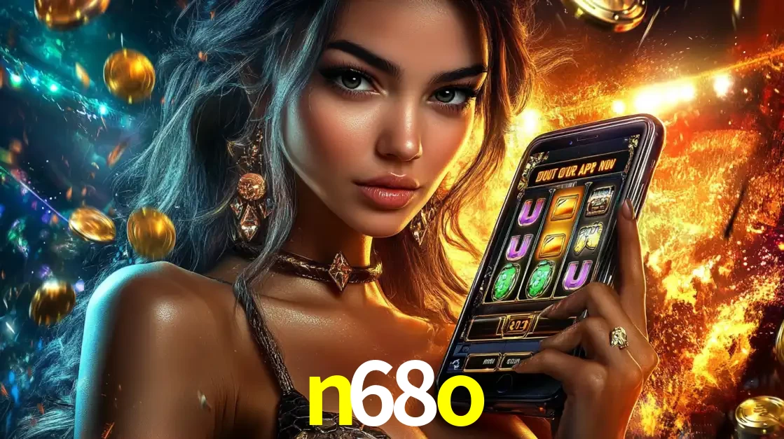 Mulher elegante mostrando um jogo de caça-níqueis em seu smartphone, destacando a experiência de cassino móvel oferecida pelo aplicativo n68o.