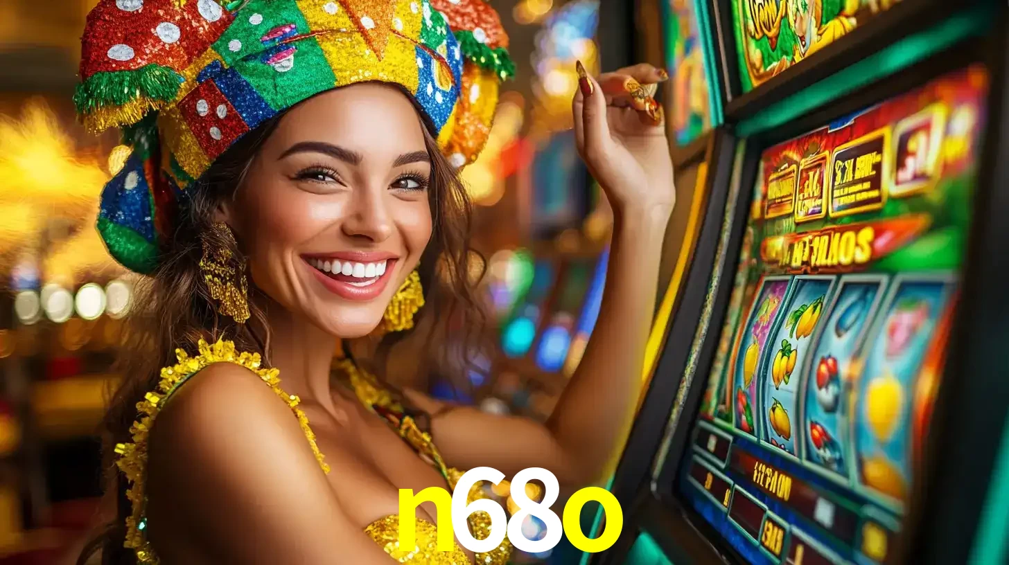 Mulher feliz com traje de carnaval amarelo e colorido ao lado de uma máquina de caça-níqueis, aproveitando a diversão e os jogos temáticos do cassino n68o.
