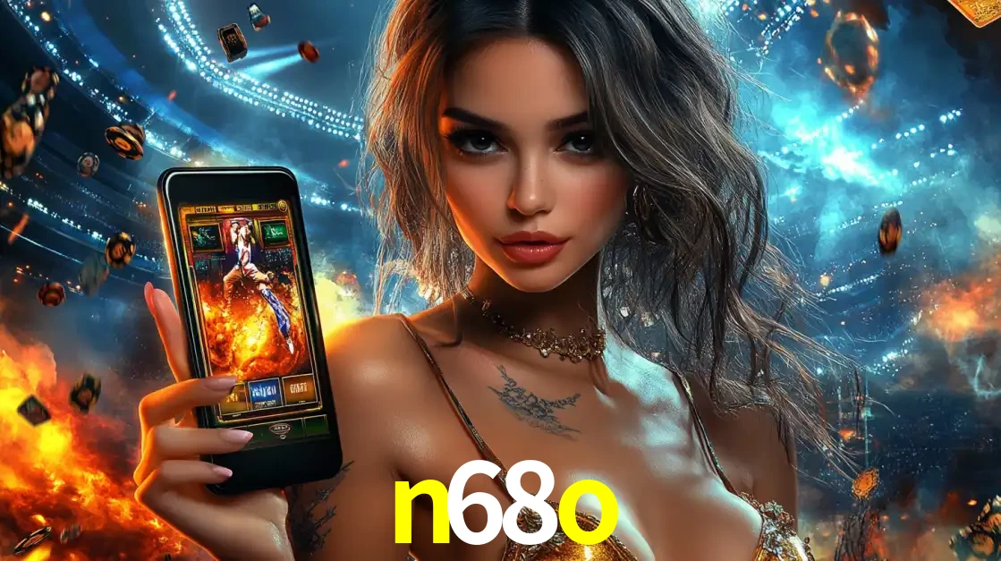 Mulher segurando um celular com um jogo de slot em destaque, tendo como fundo um estádio vibrante, simbolizando a emoção de jogar no cassino móvel n68o.