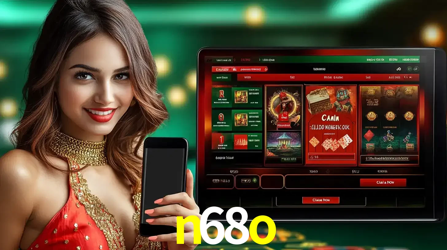 Mulher sorridente segurando um smartphone, ao lado de uma tela exibindo o lobby de jogos do cassino online n68o, com várias opções de jogos de cartas e slots.